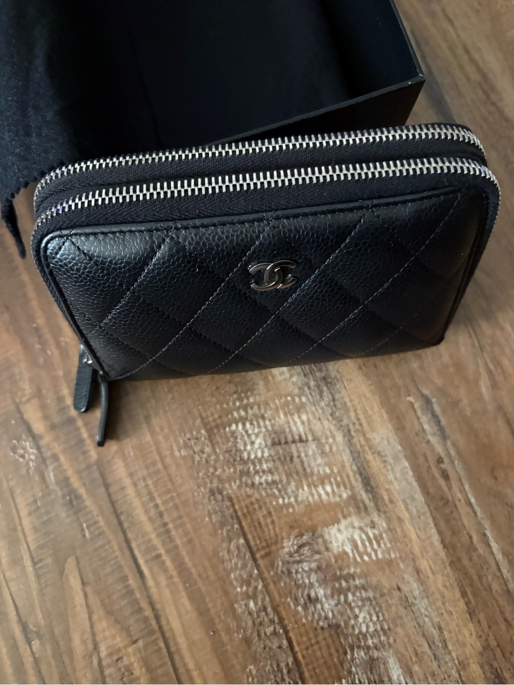 CHANEL Black Quilted Caviar Leather Double Zip Wallet